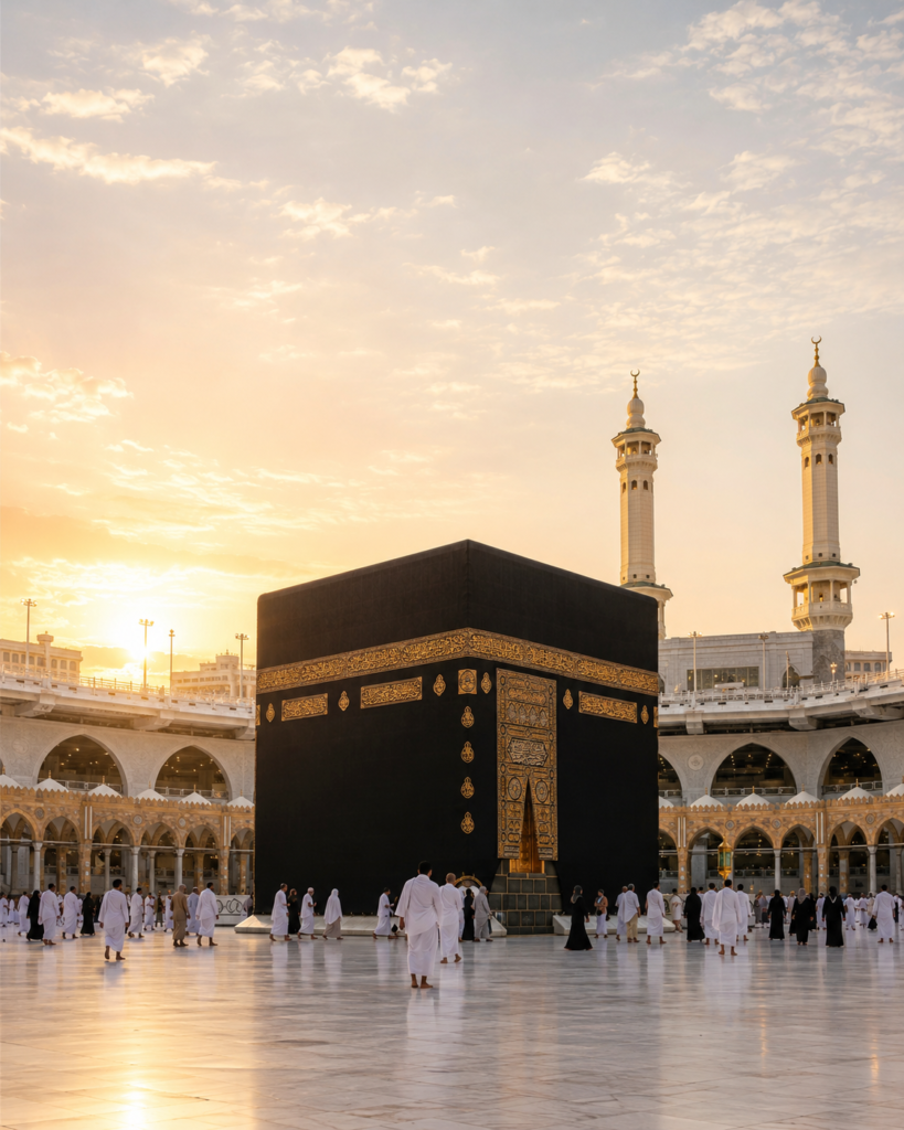 Kaaba at Masjid al-Haram during sunrise