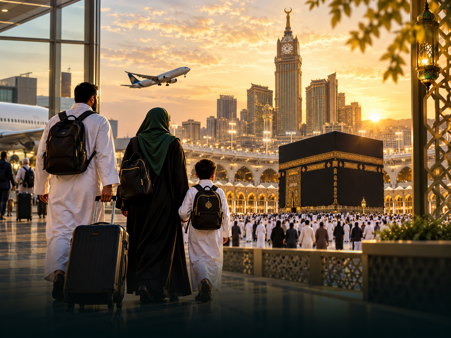 A family beginning an Umrah journey from the airport